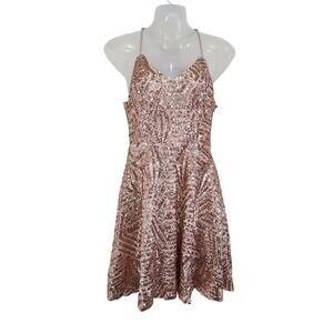 Lulus Serenade in the Night Rose Gold Sequin Skater Mini Dress Size Medium